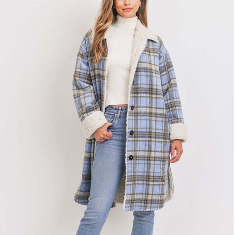 Boho Western Plaid Flannel Faux Fur Sherpa Lined Long Shacket Jacket Coat - Picture 3 of 7
